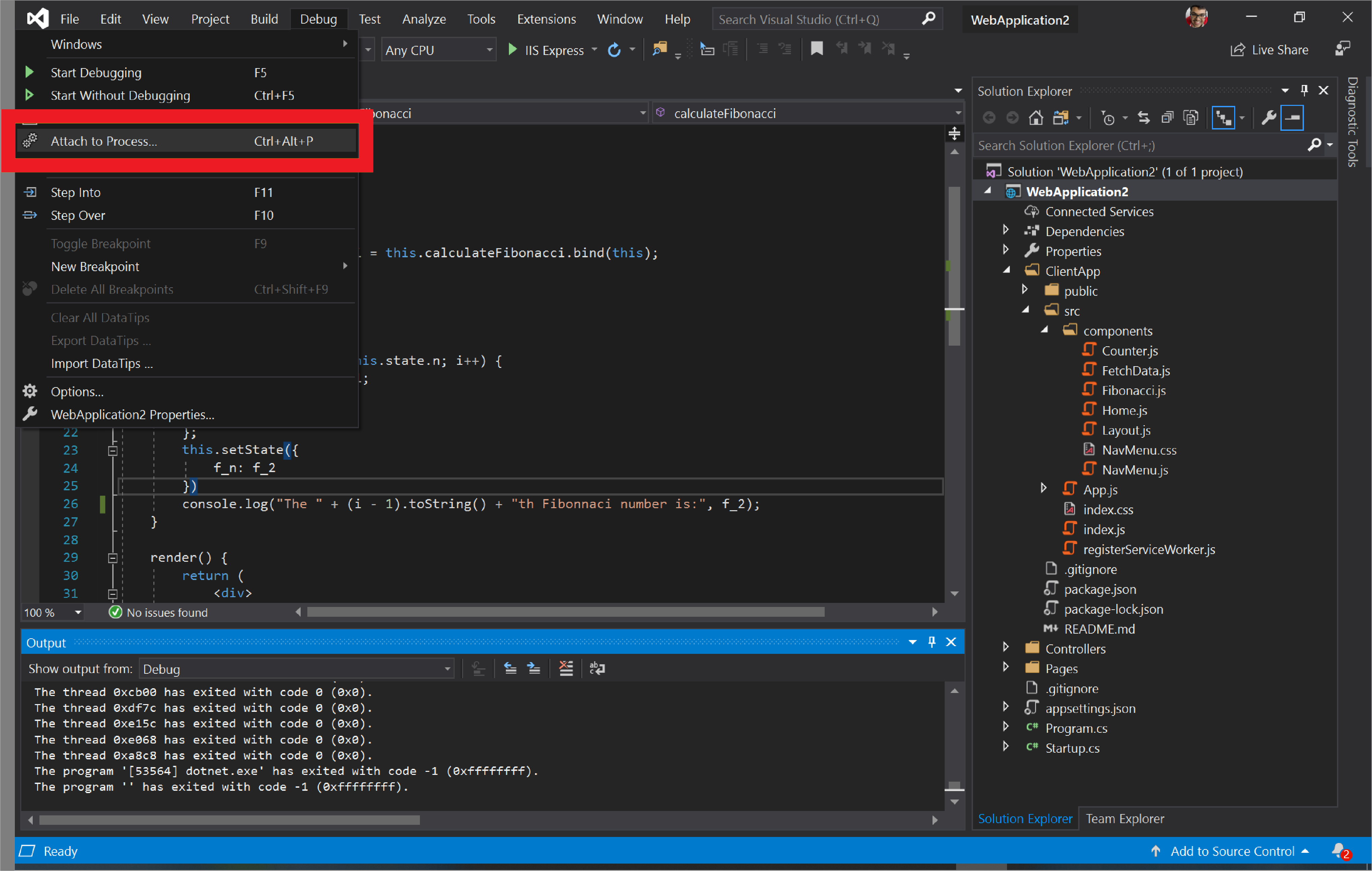 Sélection de « Déboguer > attacher au processus » dans Visual Studio