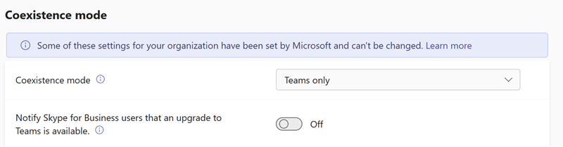 Capture d’écran des paramètres du mode de coexistence de mise à niveau de Teams dans le Centre d’administration Teams.