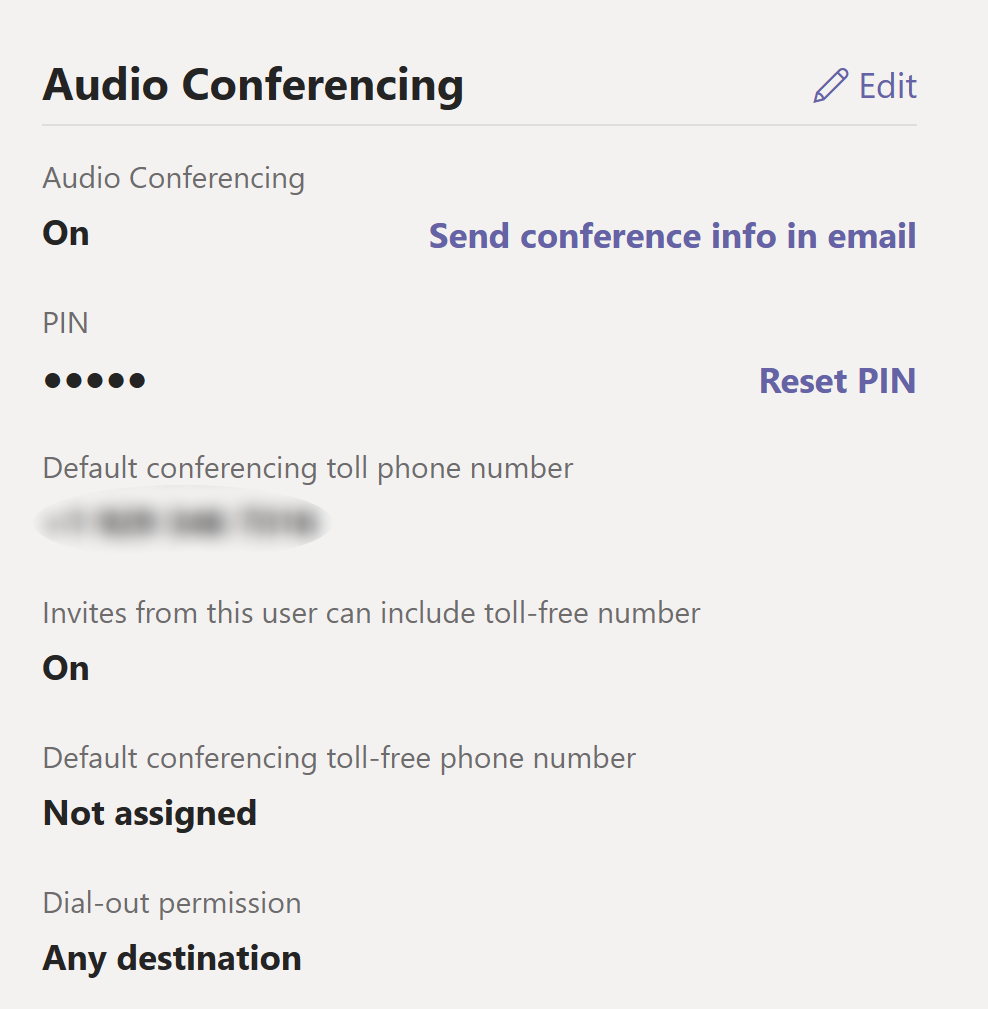 Capture d’écran des paramètres d’audioconférence pour un utilisateur dans le Centre Administration Microsoft Teams.