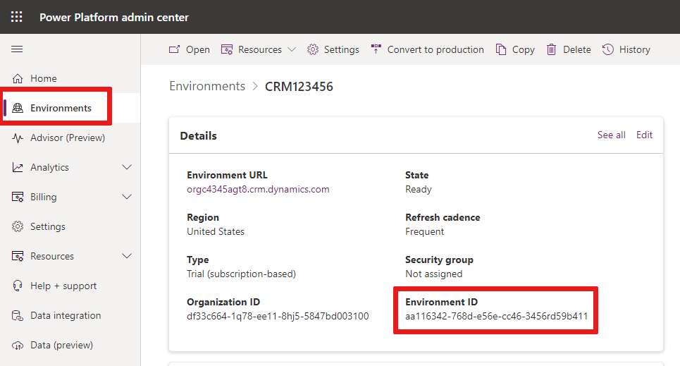 Capture d’écran montrant où vous pouvez obtenir votre ID d’environnement.