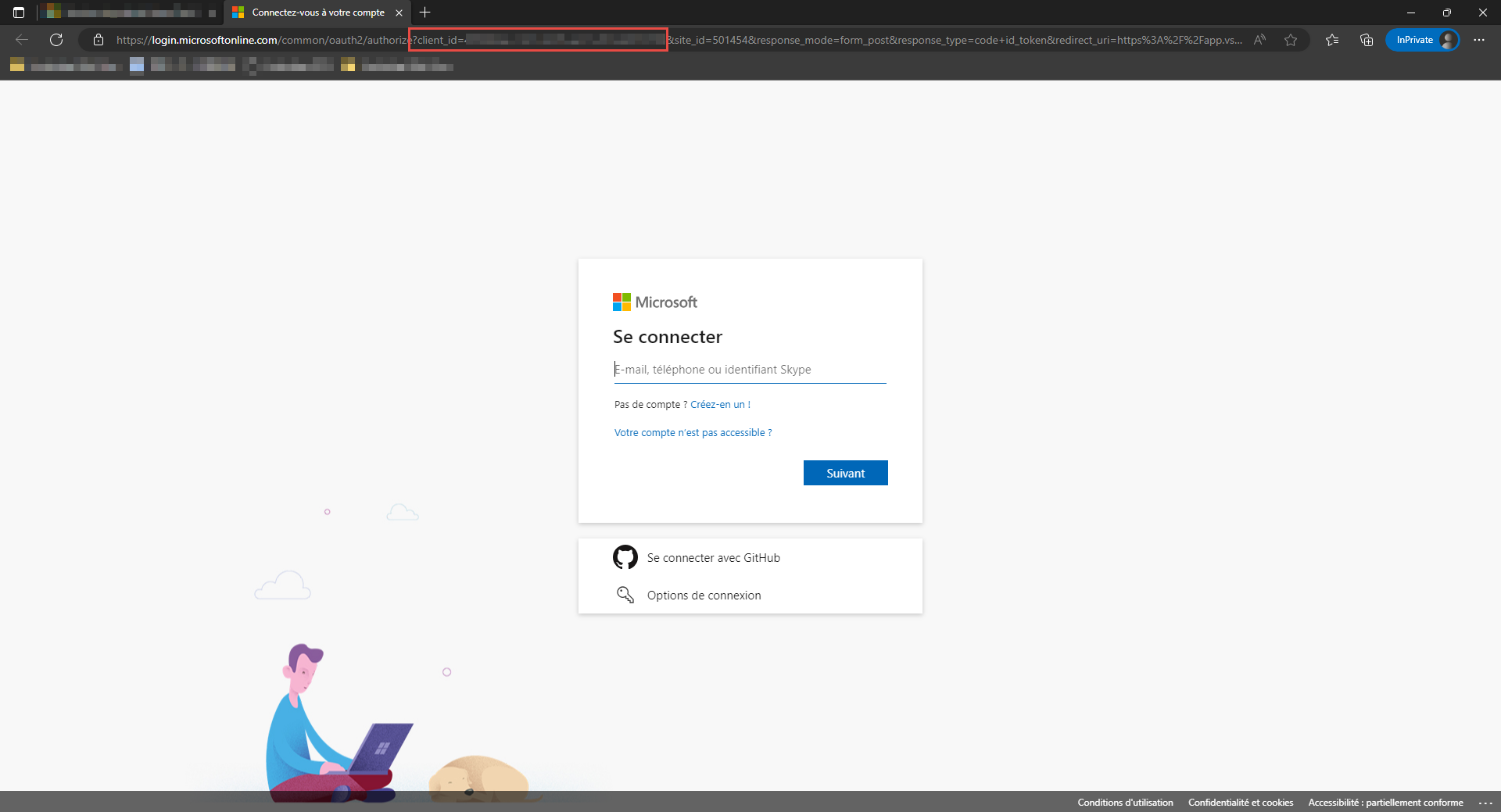 Capture d’écran d’une page de connexion Azure DevOps d’organisation, avec le paramètre client_id dans l’URL mis en surbrillance.