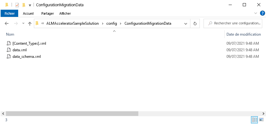 Capture d’écran des données de migration de configuration décompressées dans le répertoire ConfigurationMigrationData.