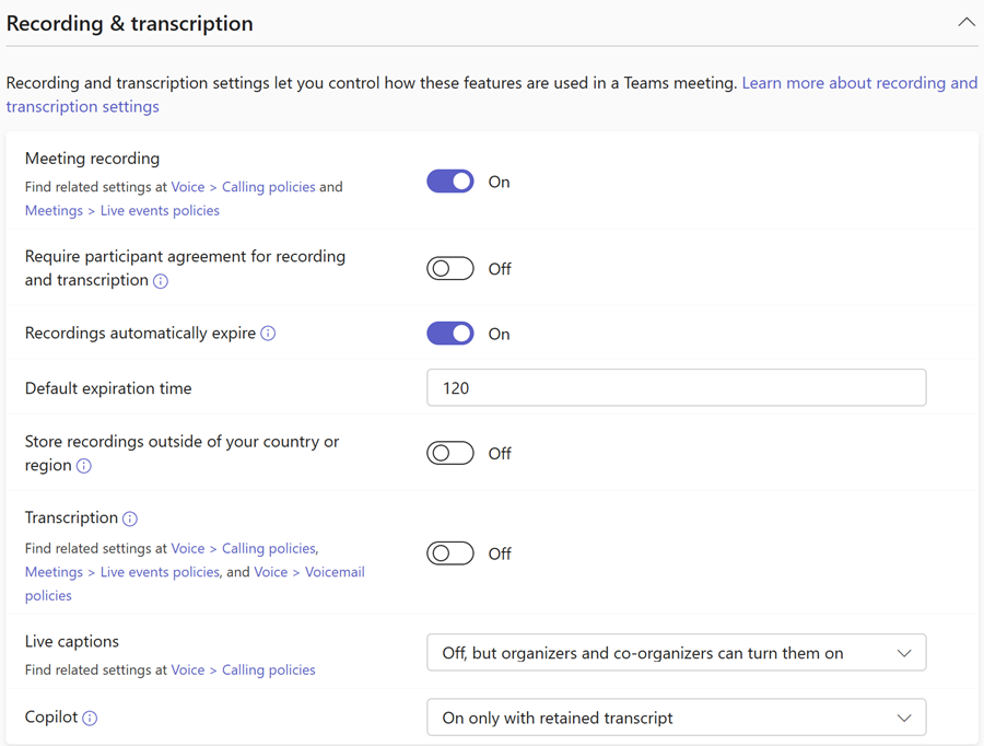 Capture d’écran de l’enregistrement des réunions Teams & stratégies de transcription dans le Centre d’administration Teams.