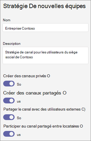 Capture d’écran des paramètres de stratégie teams.
