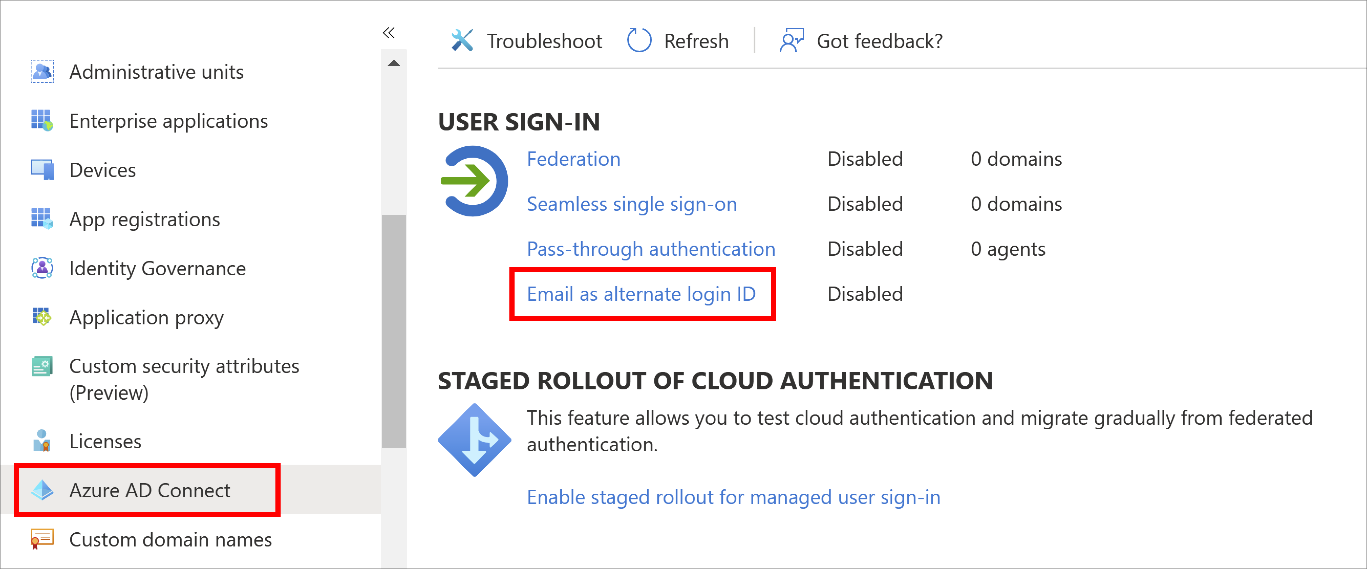 Screenshot of email as alternate login ID option in the Microsoft Entra admin center.