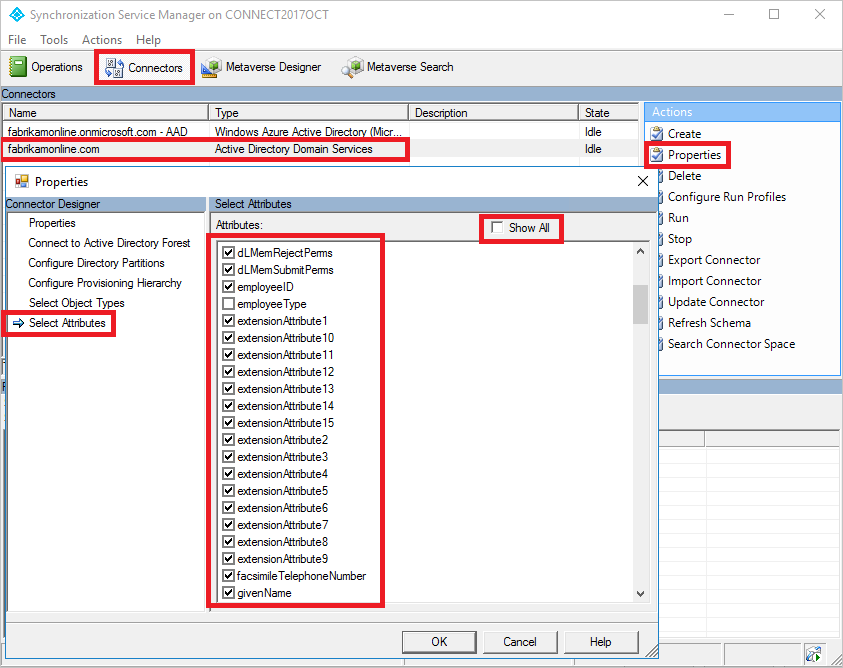 Capture d’écran montrant Synchronization Service Manager et la boîte de dialogue Propriétés avec la liste « Attributs » en surbrillance.