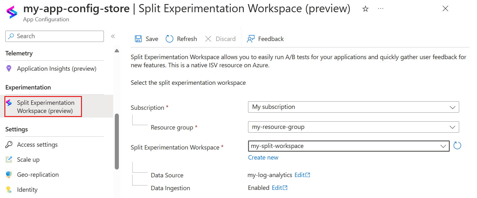 Capture d’écran du portail Azure montrant l’ajout d’un espace de travail d’expérimentation fractionnée au magasin App Configuration.