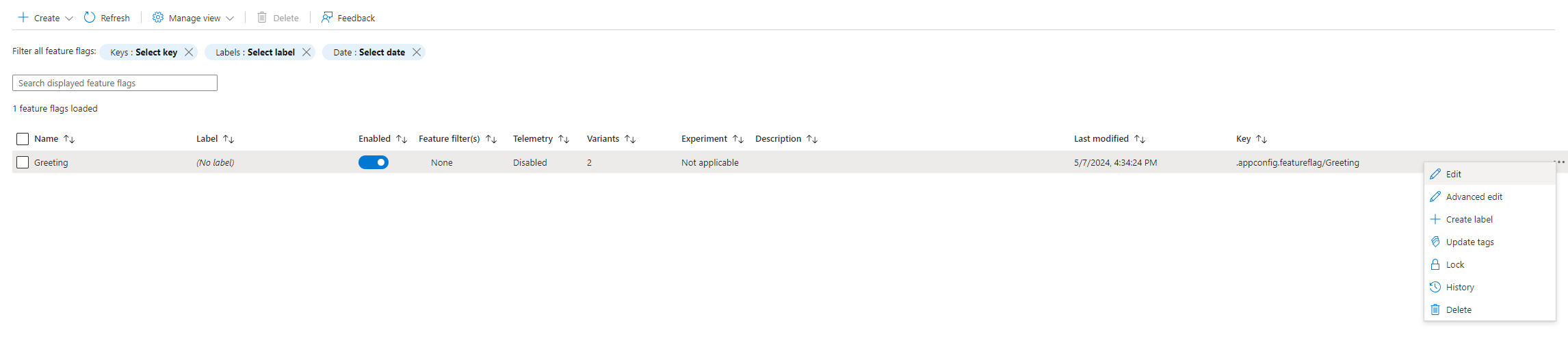 Capture d’écran du portail Azure montrant la modification d’un indicateur de fonctionnalité de variante.
