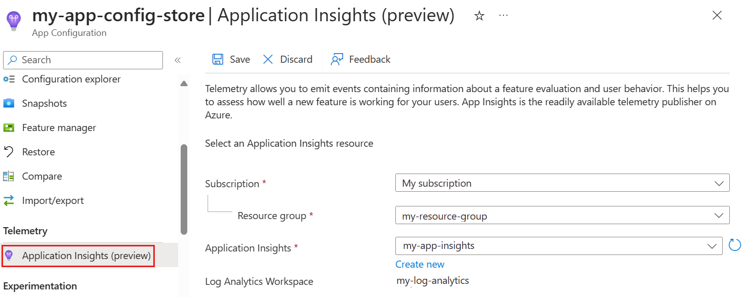 Capture d’écran du portail Azure montrant l’ajout d’Application Insights à un magasin.