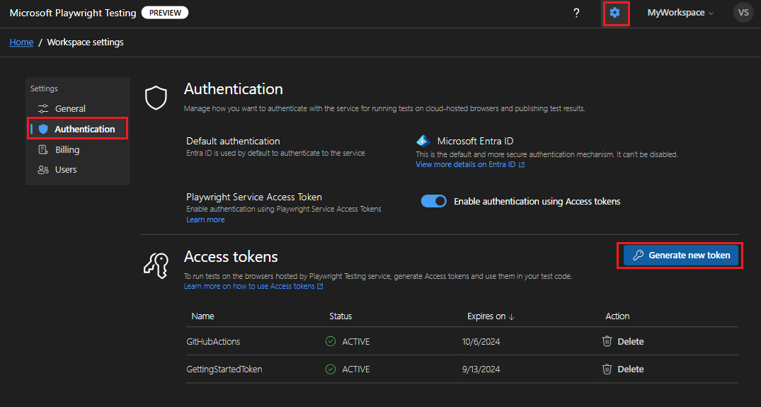 Screenshot that shows the access tokens settings page in the Playwright Testing portal, highlighting the 'Generate new token' button.