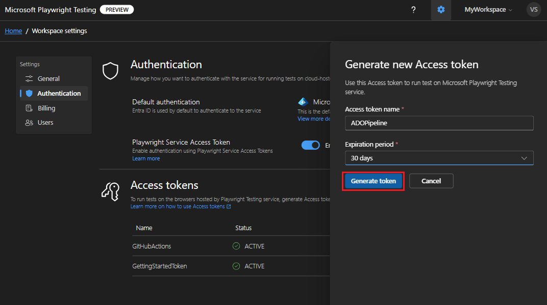 Screenshot that shows setup guide in the Playwright Testing portal, highlighting the 'Generate token' button.