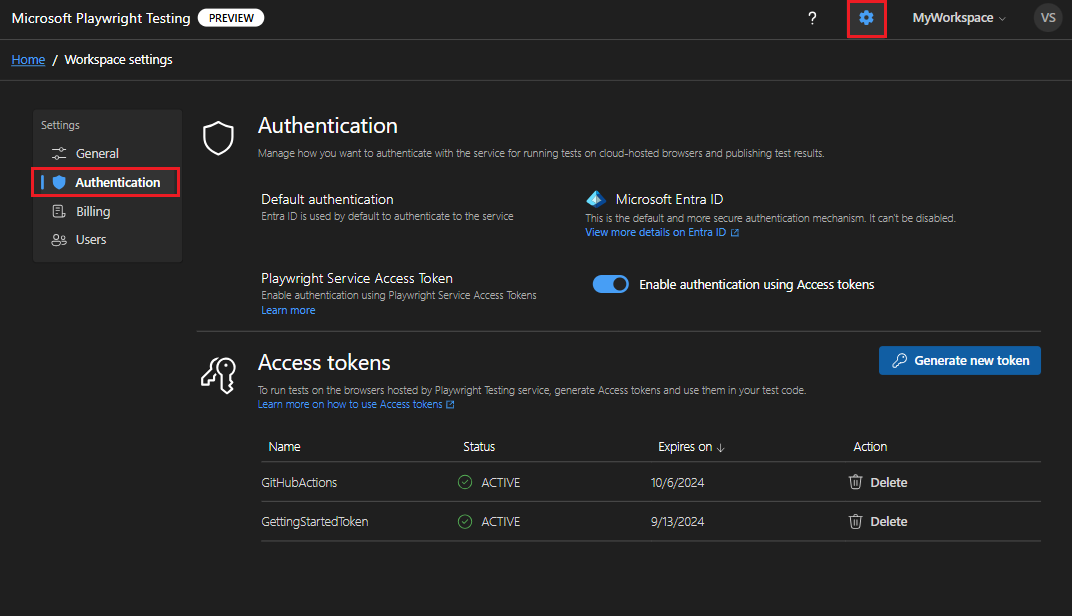 Screenshot that shows the access tokens settings page in the Playwright portal.