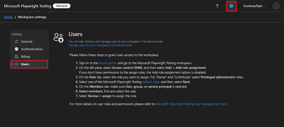 Screenshot that shows the Users page in the workspace settings in the Playwright Testing portal.