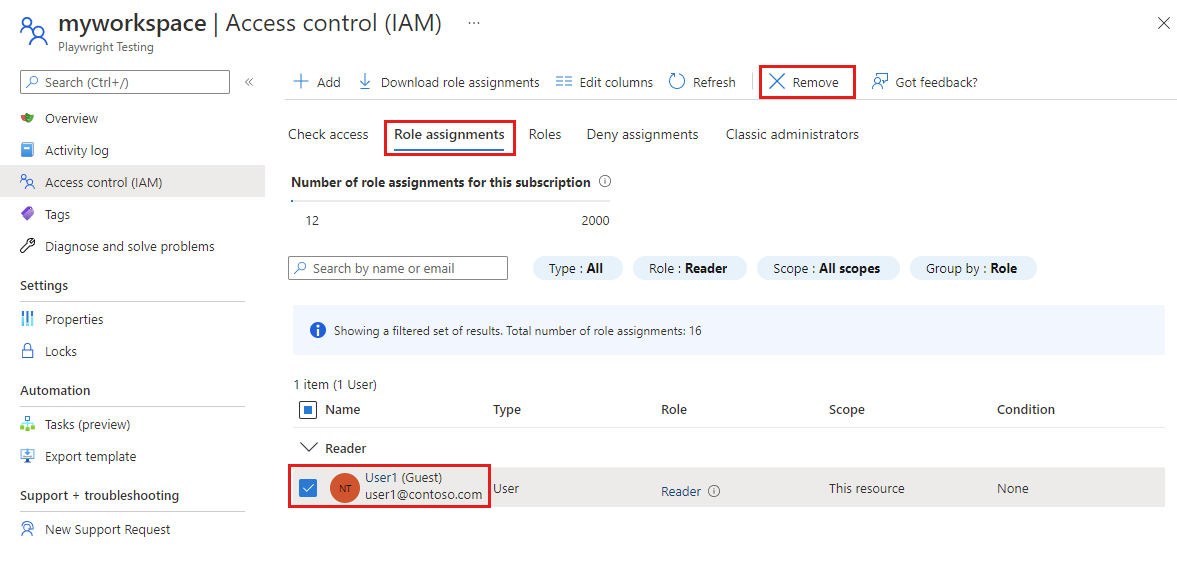 Screenshot that shows the list of role assignments and how to delete an assignment in the Azure portal.