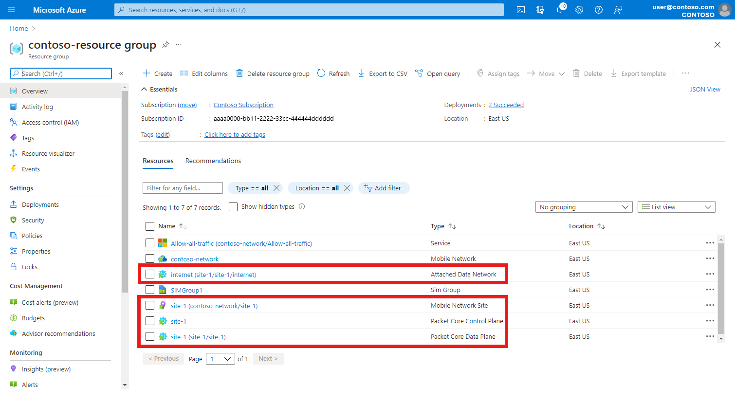 Capture d'écran du portail Azure montrant un groupe de ressources contenant un site et ses ressources connexes.