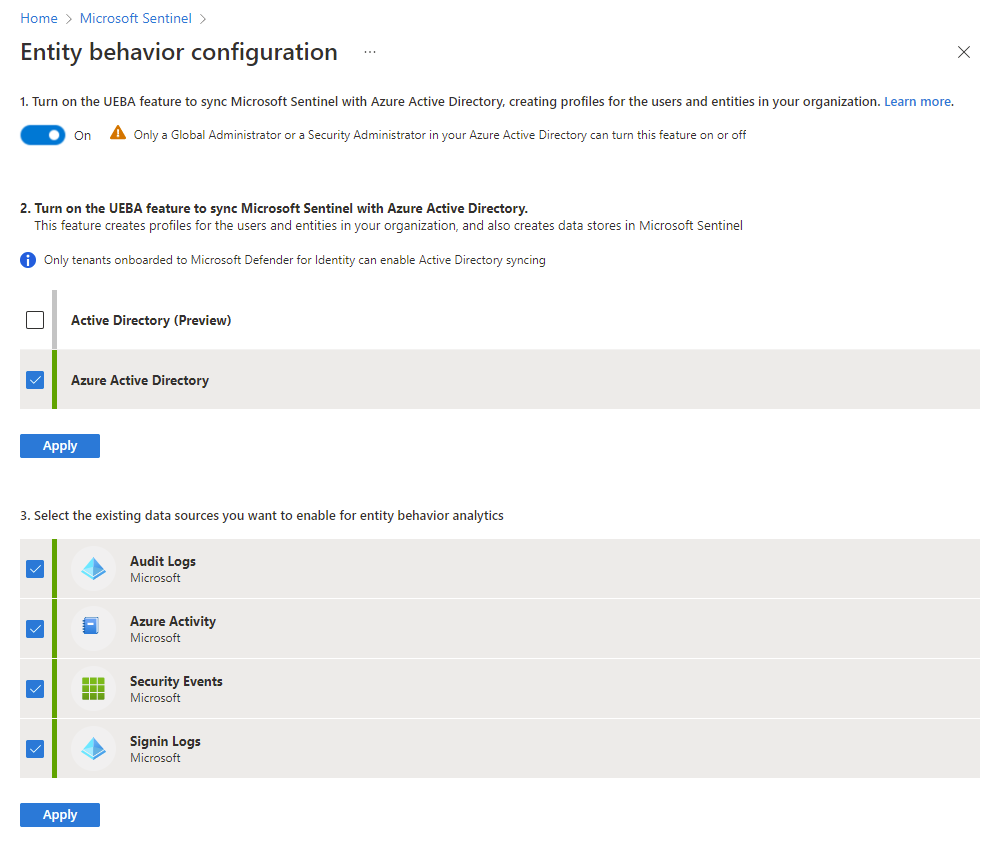Capture d’écran des paramètres de configuration de l’Analyse comportementale des utilisateurs et des entités.