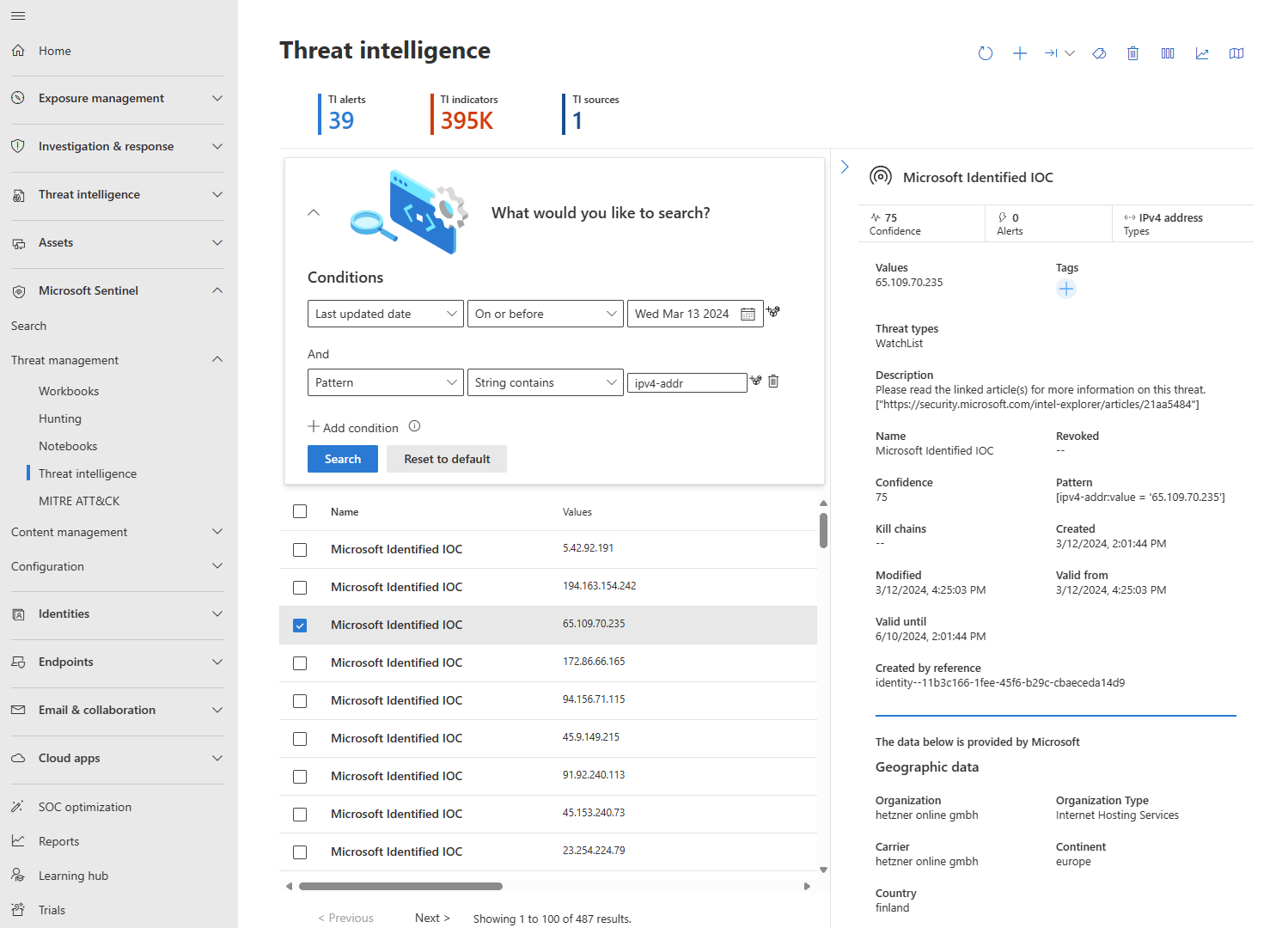 Capture d’écran de la page Renseignement sur les menaces avec un indicateur montrant les données de géolocalisation et WhoIs du portail Defender.