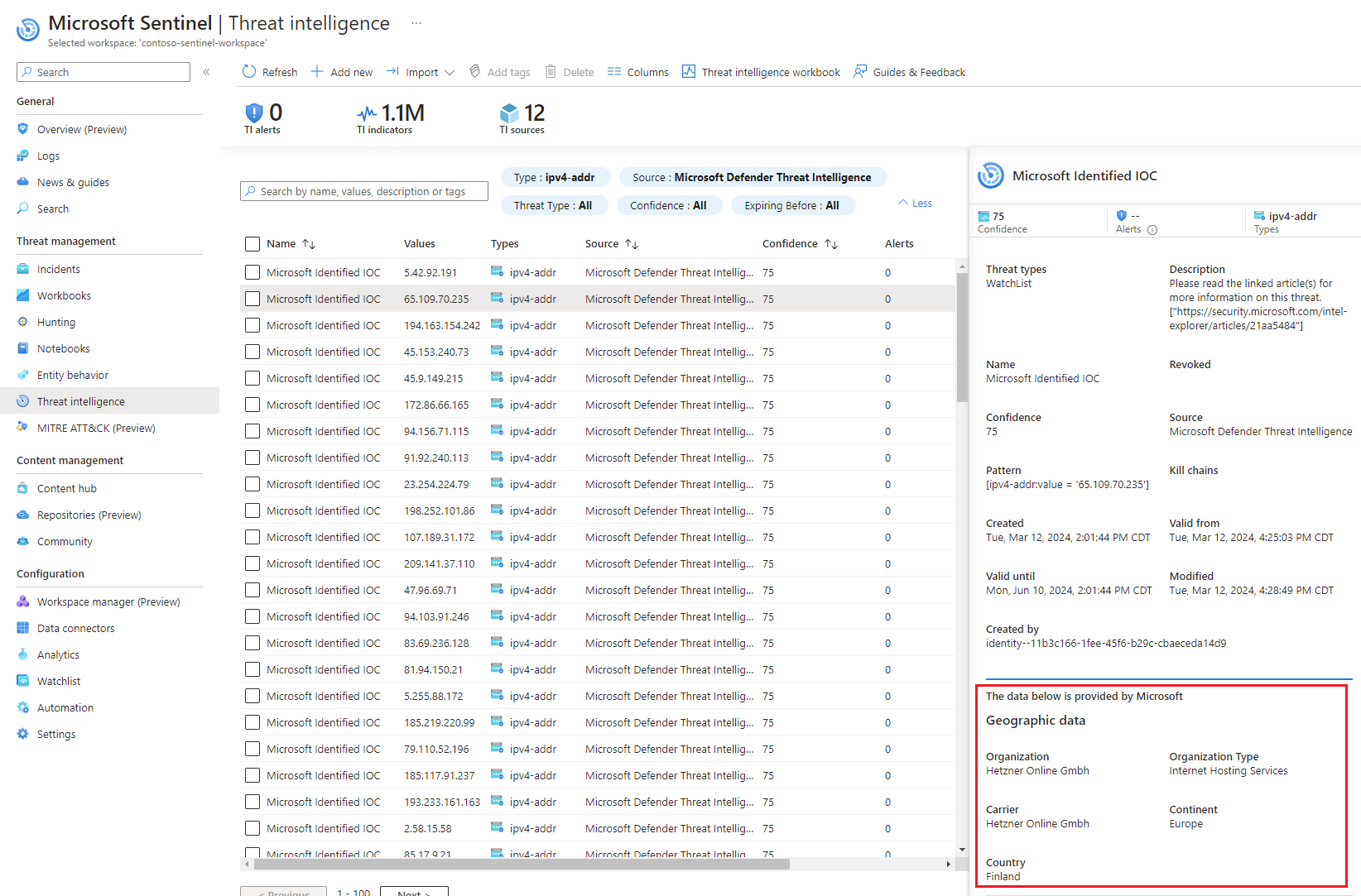 Capture d’écran de la page Renseignement sur les menaces avec un indicateur montrant les données de géolocalisation et WhoIs.