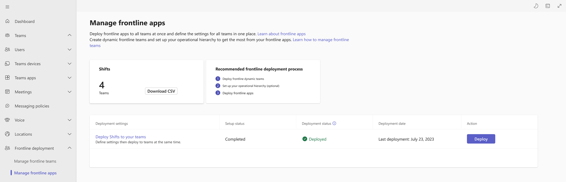 Capture d’écran du tableau sur la page Gérer les applications de première ligne, montrant un status de déploiement de Déployé.