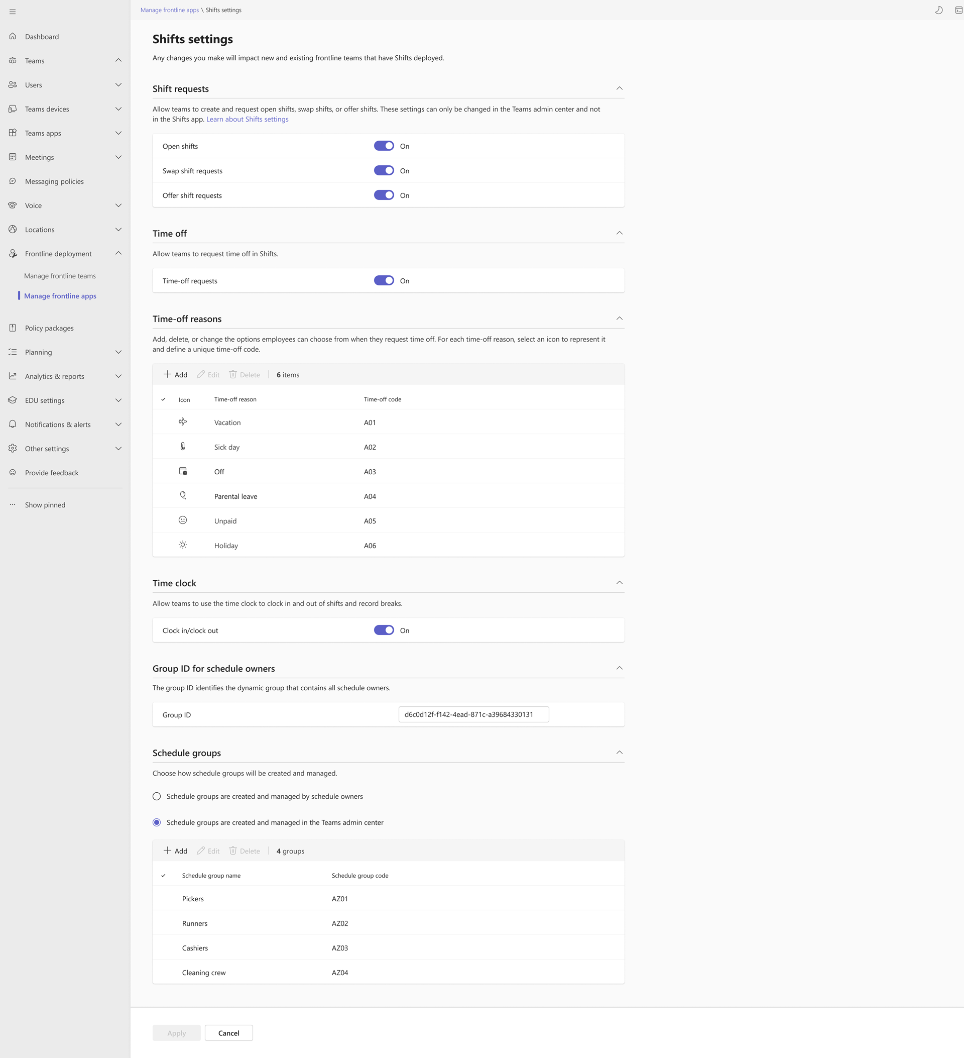 Capture d’écran de la page des paramètres Shifts pour la modification des paramètres Shifts