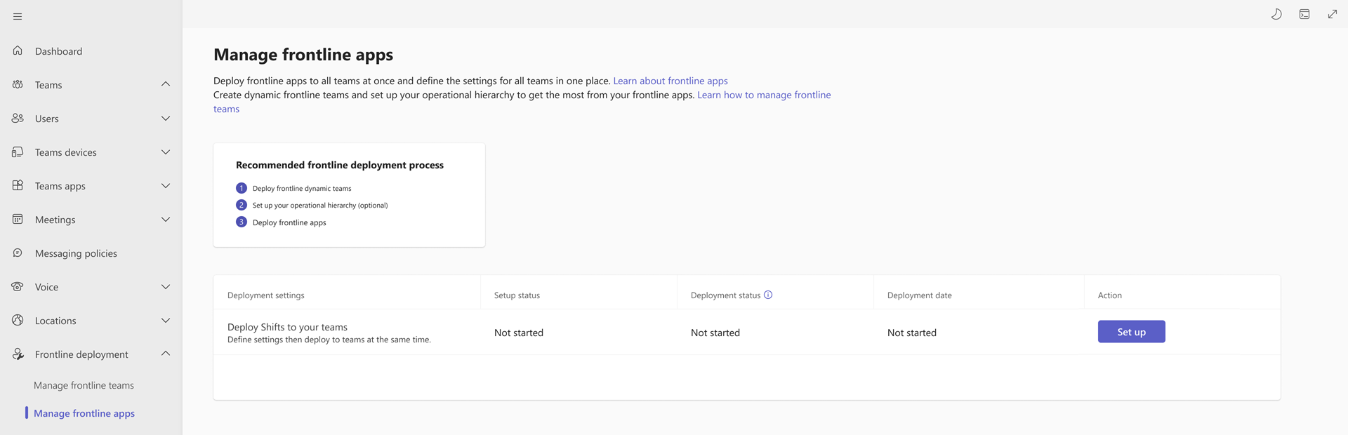 Capture d’écran du tableau sur la page Gérer les applications de première ligne, montrant le bouton Configurer pour le déploiement de Shifts.