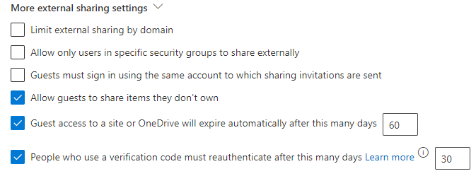 Capture d’écran des paramètres de partage supplémentaires au niveau de l’organisation dans SharePoint.