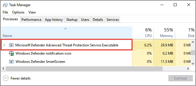 Vue de processus avec le service Microsoft Defender pour point de terminaison en cours d’exécution
