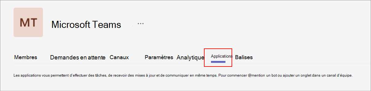 Capture d’écran montrant l’option Applications dans la page Gérer l’équipe que les propriétaires d’équipes peuvent afficher.