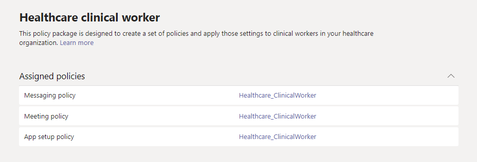 Capture d’écran des stratégies dans le package Travailleurs cliniques de la santé.