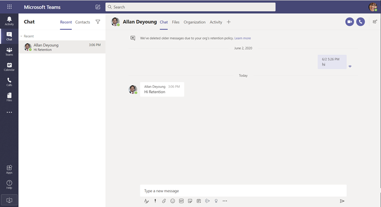 L’utilisateur a informé dans Teams que les messages de conversation sont supprimés en raison d’une stratégie de rétention Teams.