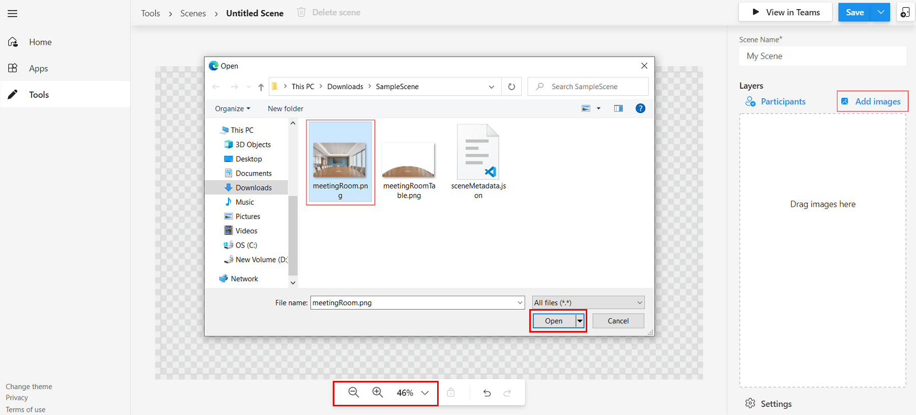 Capture d’écran montrant l’option permettant d’ajouter des images à la scène dans Scene Studio.