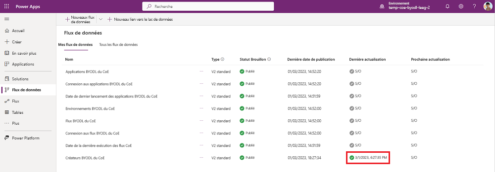 Attendez que le flux de données Créateurs BYODL CoE se termine.