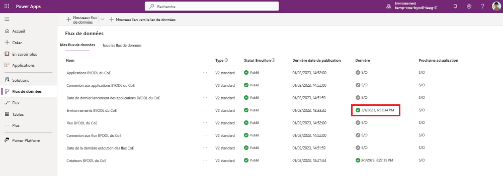 Attendez que le flux de données Environnements BYODL CoE se termine.