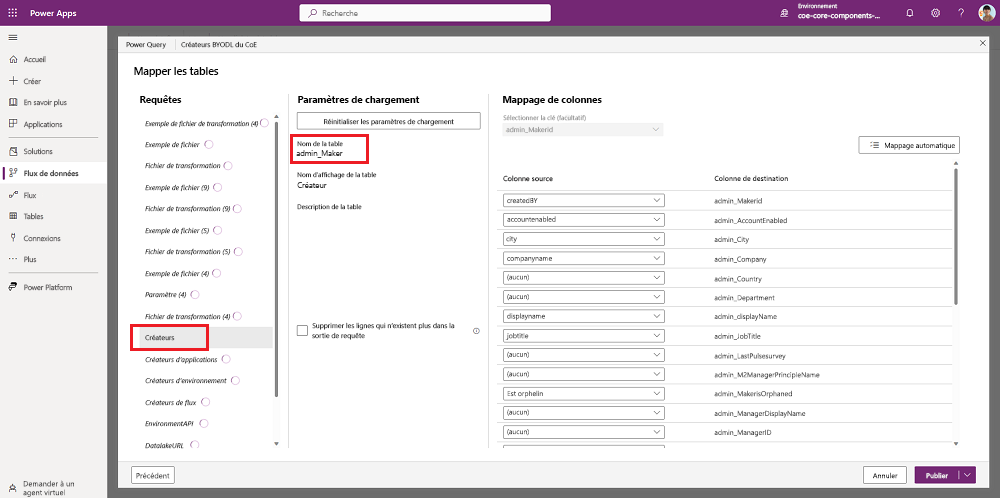 Confirmez le mappage de tables.