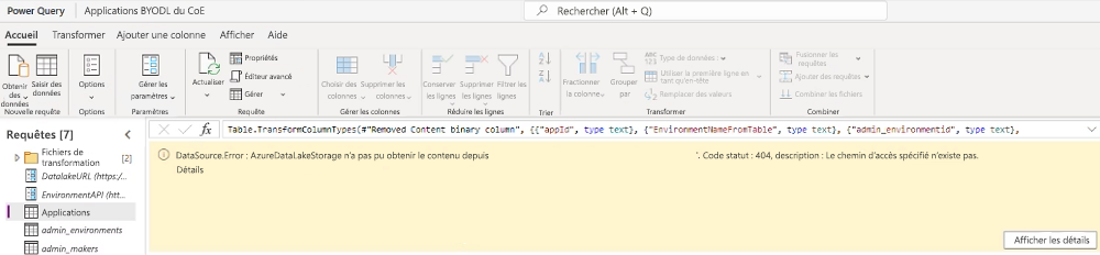 Erreur source de données si les dossiers requis ne sont pas encore disponibles dans le compte de stockage.