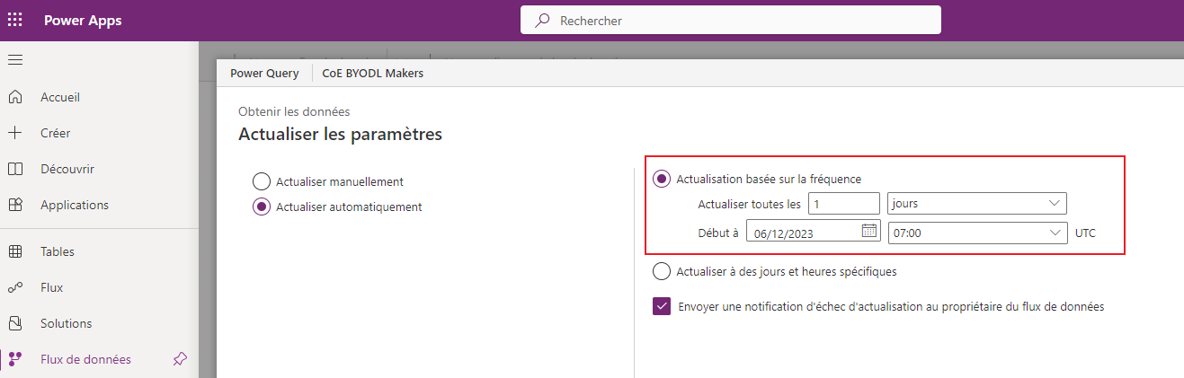 Configurez une actualisation quotidienne pour le flux de données Créateurs BYODL CoE.