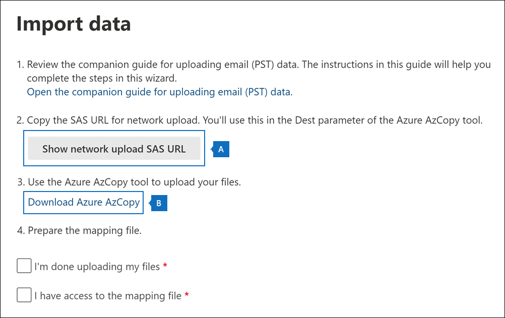 Copier l’URL de SAS et télécharger l’outil AzCopy sur la page Importer des données