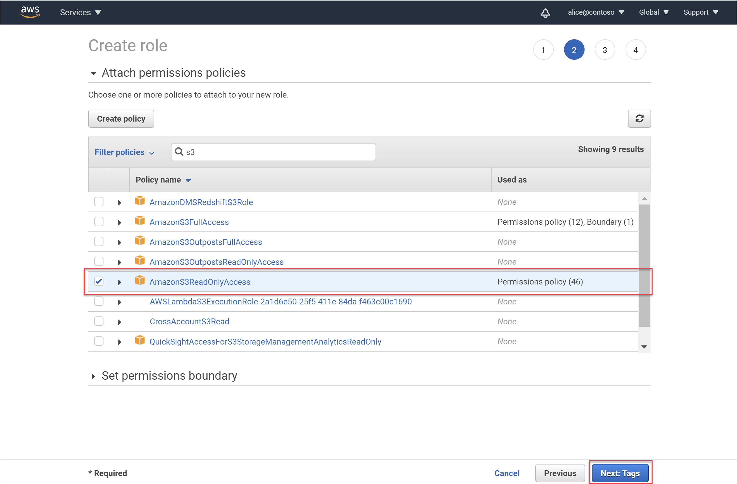 Sélectionnez la stratégie ReadOnlyAccess pour le nouveau rôle d’analyse Amazon S3.