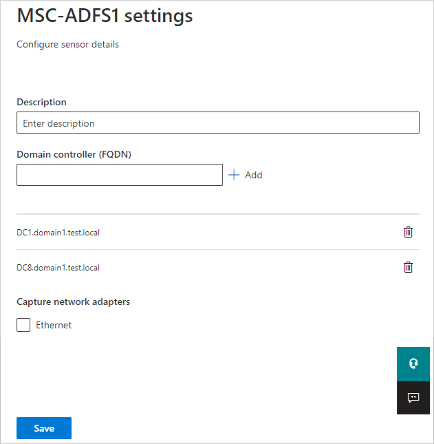 Capture d'écran du résolveur de capteurs AD FS configuré par Defender pour Identity.