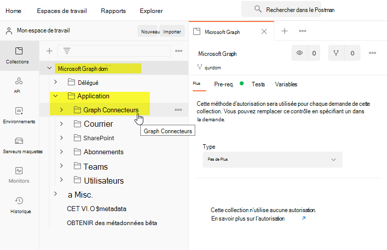 Capture d’écran de la section Mon espace de travail dans Postman, montrant la collection Graph Microsoft