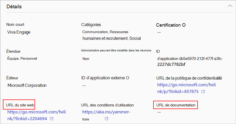 Capture d’écran montrant des liens de documentation dans le Centre d’administration pour une application dans sa page de détails.