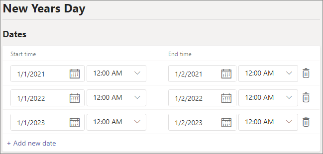 Capture d’écran de l’interface utilisateur des jours fériés avec des dates définies pour trois ans.