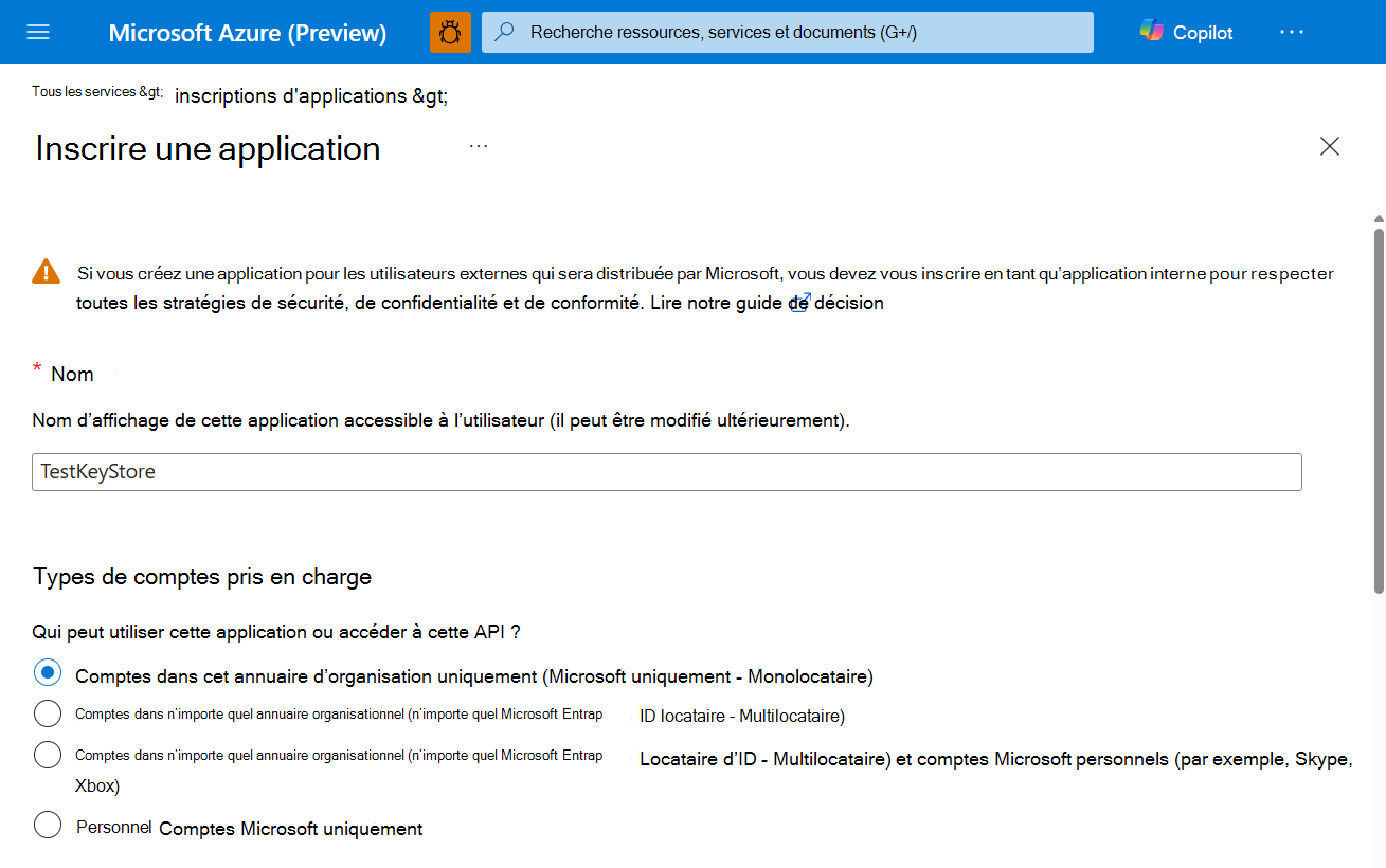 Nouvelle inscription d’application.