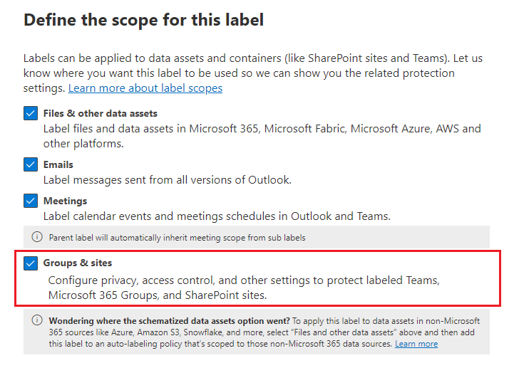 Option d’étendue d’étiquette de confidentialité pour groupes & sites.