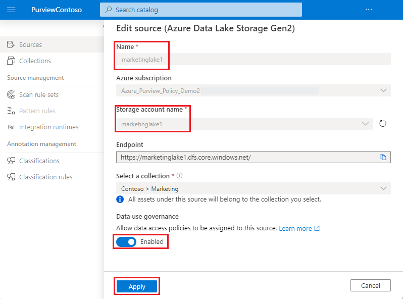 Capture d’écran montrant les zones permettant de sélectionner un compte de stockage.