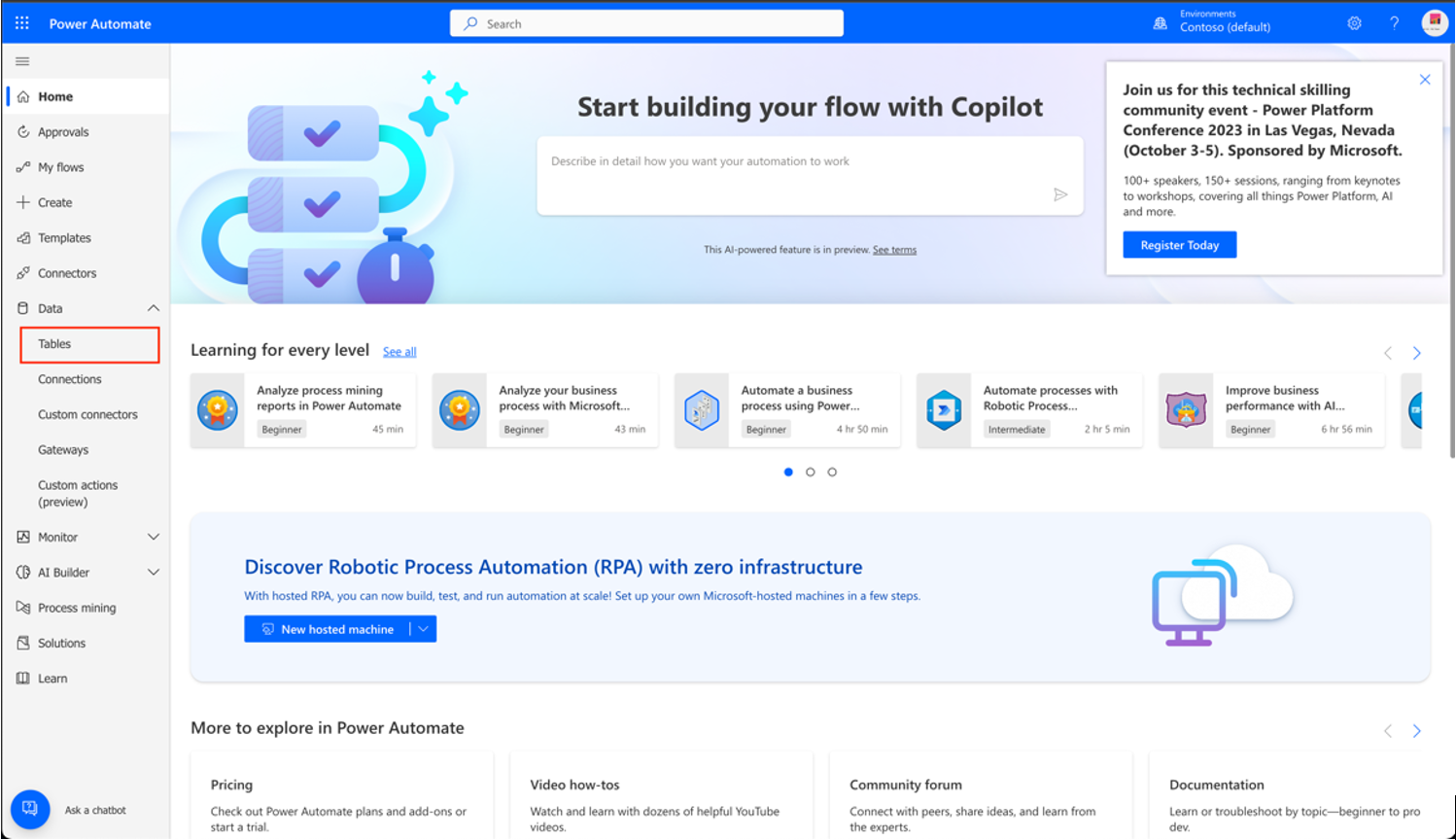 Capture d’écran de la sélection de tables à partir de Power Automate.