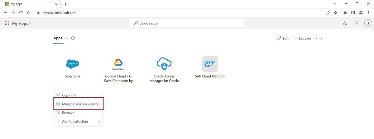 Capture d’écran montrant le sous-menu Gérer l’application de l’application Salesforce.
