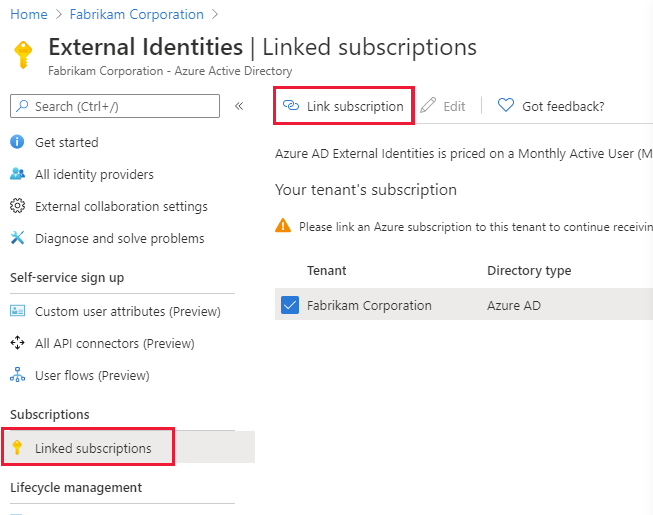 Capture d'écran de l'option lier un abonnement.