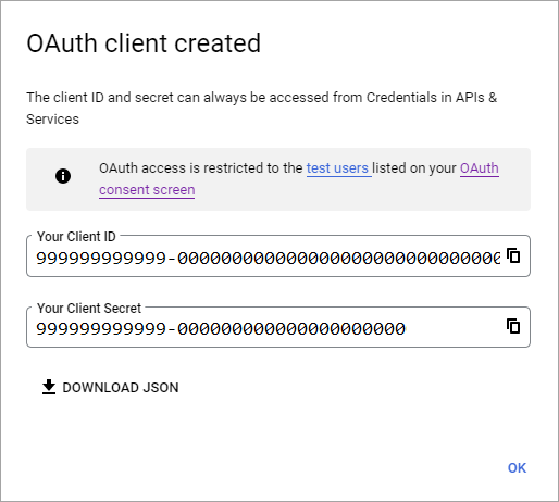 Capture d’écran montrant l’ID client et la clé secrète client OAuth.