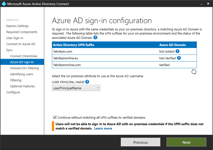 Capture d’écran montrant les domaines non vérifiés sur la page « Configuration de la connexion Azure AD ».